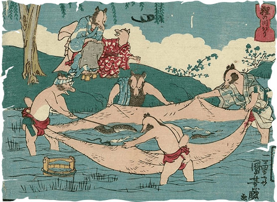 Tanuki sử dụng Kintama để làm lưới câu cá, vẽ bởi Kuniyoshi Utagawa. Ảnh: @curiousordinary